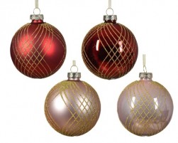 Buy Bauble Glass Shiny - Enamel W Gold Glitter Crossing Lines 2col Ass in Kuwait