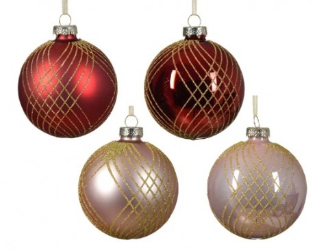 Bauble glass shiny - enamel w gold glitter crossing lines 2col ass