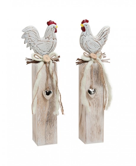 CHICKEN And ROOSTER ON WOODEN