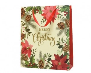  Giftbag Paper Rectangular Gold Glitter Poinsettia Design With Handle 1ass in Surra