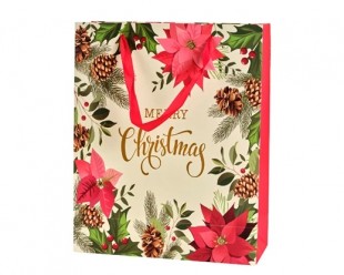  Giftbag Paper Rectangular Gold Glitter Poinsettia Design With Handle 1ass in Daiya