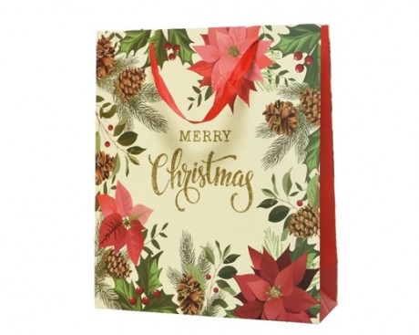 Giftbag paper rectangular gold glitter poinsettia design with handle 1ass