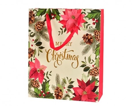Giftbag paper rectangular gold glitter poinsettia design with handle 1ass